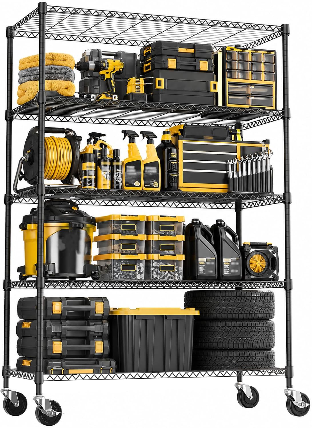 MZG 5-Tier Adjustable Heavy-Duty Metal Wire Storage Shelving Unit with Wheels (Black, 45 × 120 × 180 cm, 800kg) for Garage, Warehouse, Workshop, Storage Room and Garden
