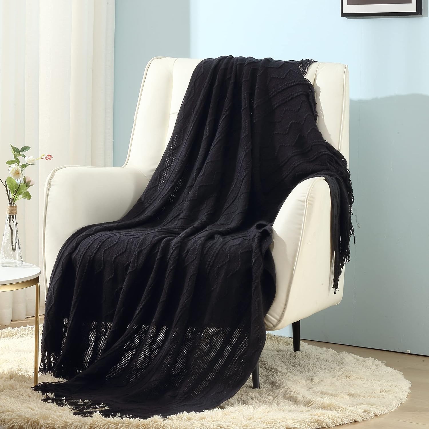 CREVENT Knitted Decorative Throw Blanket for Couch Sofa Chair Bed，Soft Warm Cozy Light Weight for Spring Summer Fall (127x152cm Dark Black)