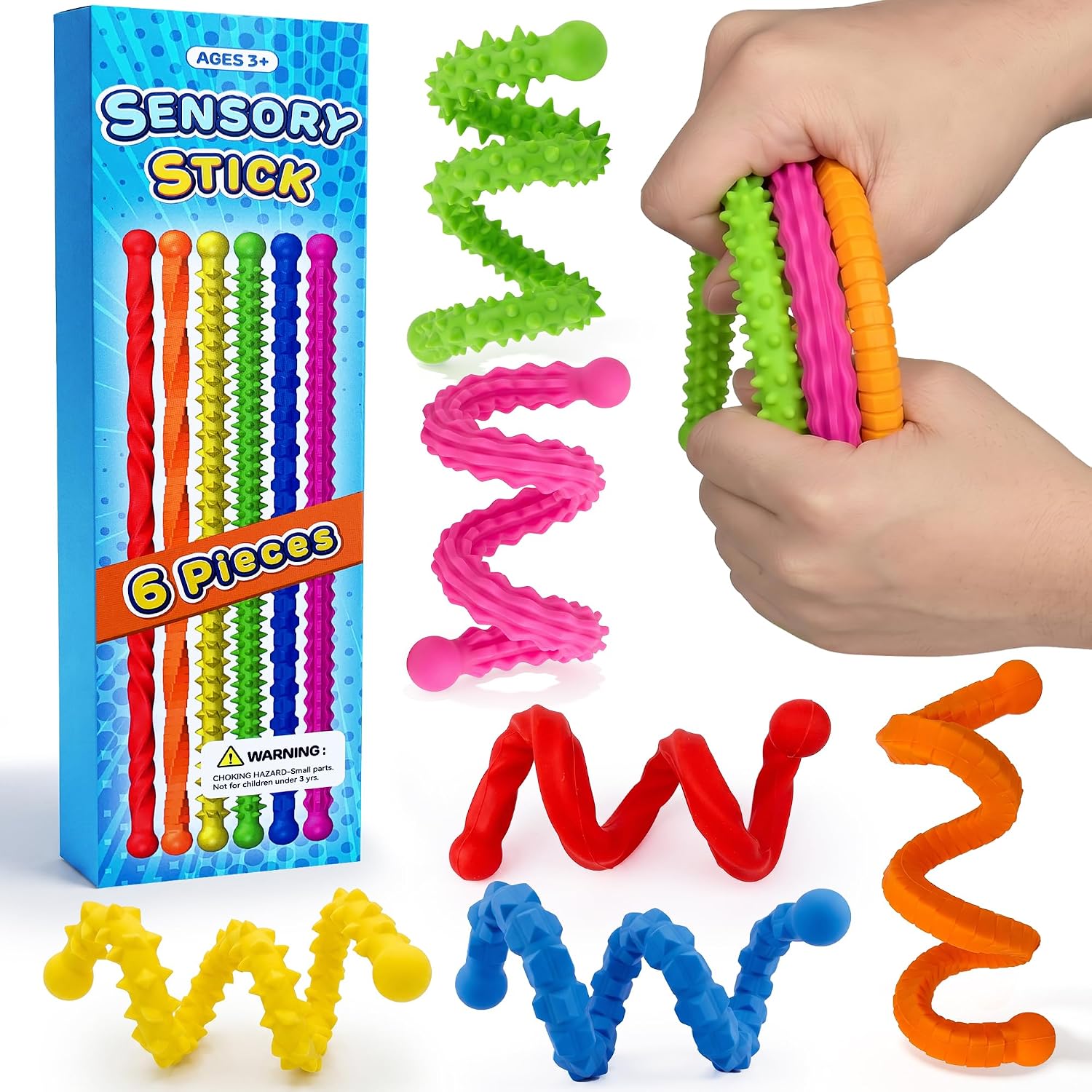 Fidget Toys Sensory Stick: 6 Pack Flexible Sensory Sticks Toys for Kids,Calm Down Travel Airplane Toy, Quiet Stress Relief Bendable Fidgets for Autism ADHD, Christmas Stocking Stuffers & Birthday Gift