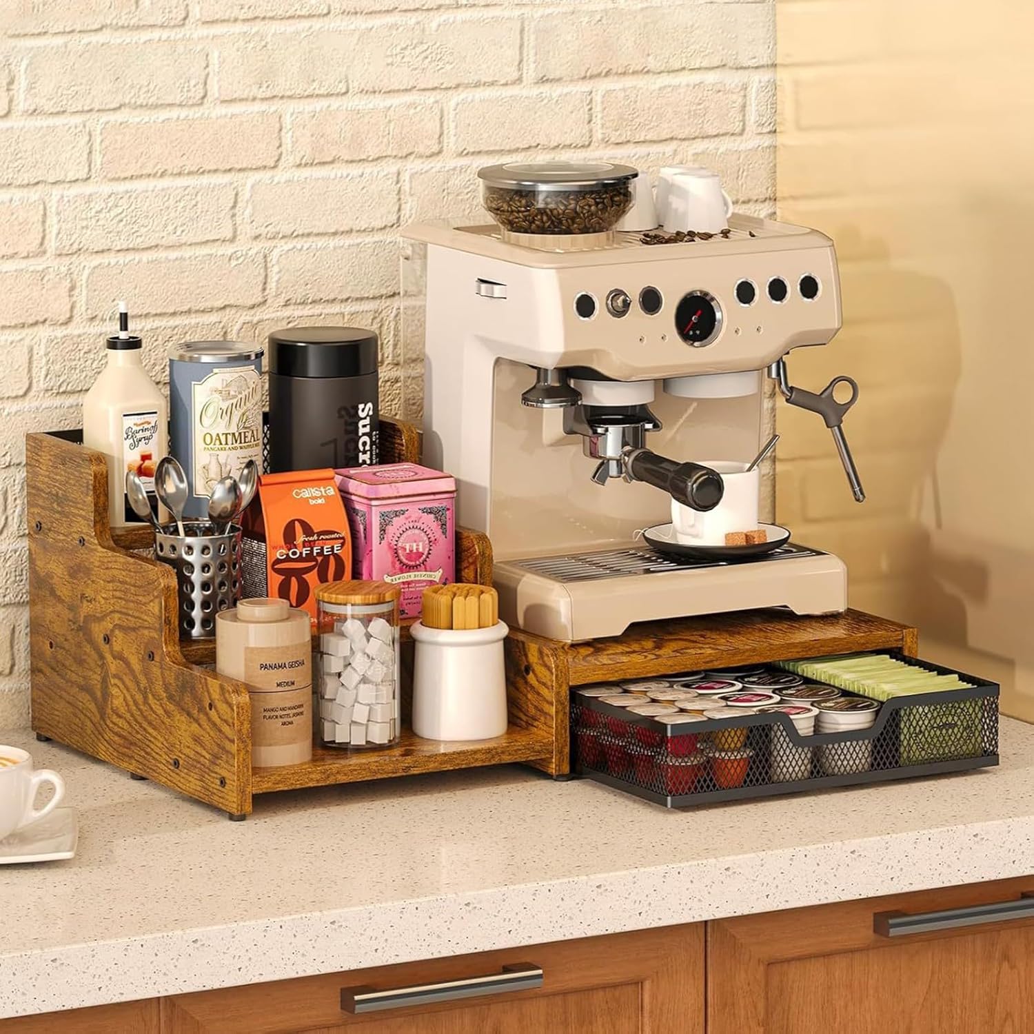 LIODUX Coffee Station Organizer, Sliding Pods Storage, 3-Tier Coffee Bar Organizer Countertop, Coffee Cups Rack Station for Accessories, Living Room, Entryway, Dining Room, Kitchen