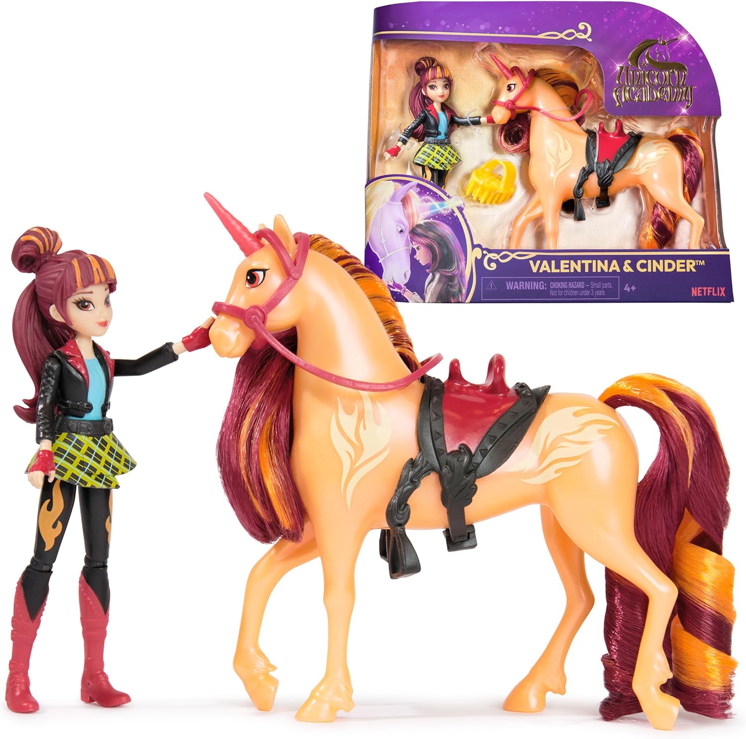 Unicorn Academy, Valentina & Cinder Set with 2 Riding Accessories and Hair Styling Tool, Dolls and Unicorn Toys for Girls Aged 4 and up