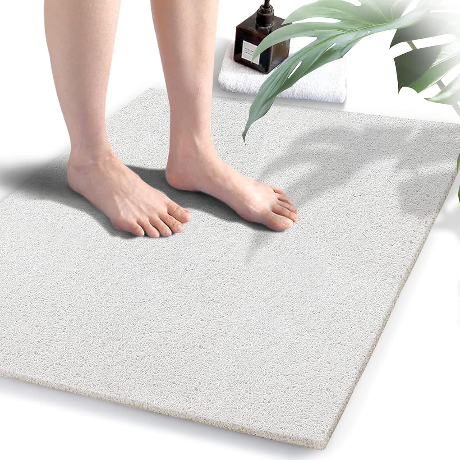 Non-Slip Shower Mat - Comfort Bath Tub Mats with Drain - PVC Loofah Bathroom Floor Mat for Wet Areas - Easy to Clean-Quick Drying (White, 60 x 80cm)