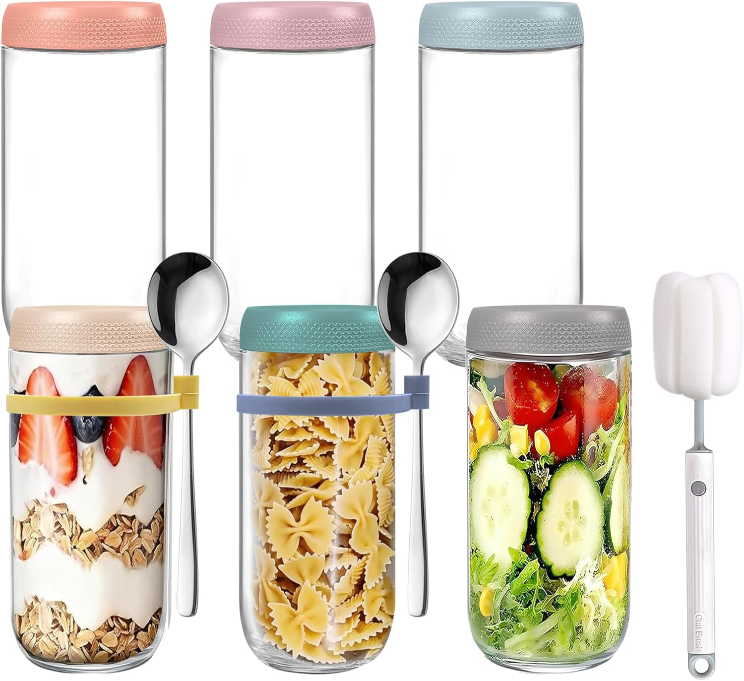 6 Pack 750ml Overnight Oats Containers, Wide Mouth Mason Jars with Airtight Lids, Portable with Spoons & Brush, Multi-Use for Yogurt, Salad & Pantry Storage, Freezer & Dishwasher Safe ﻿