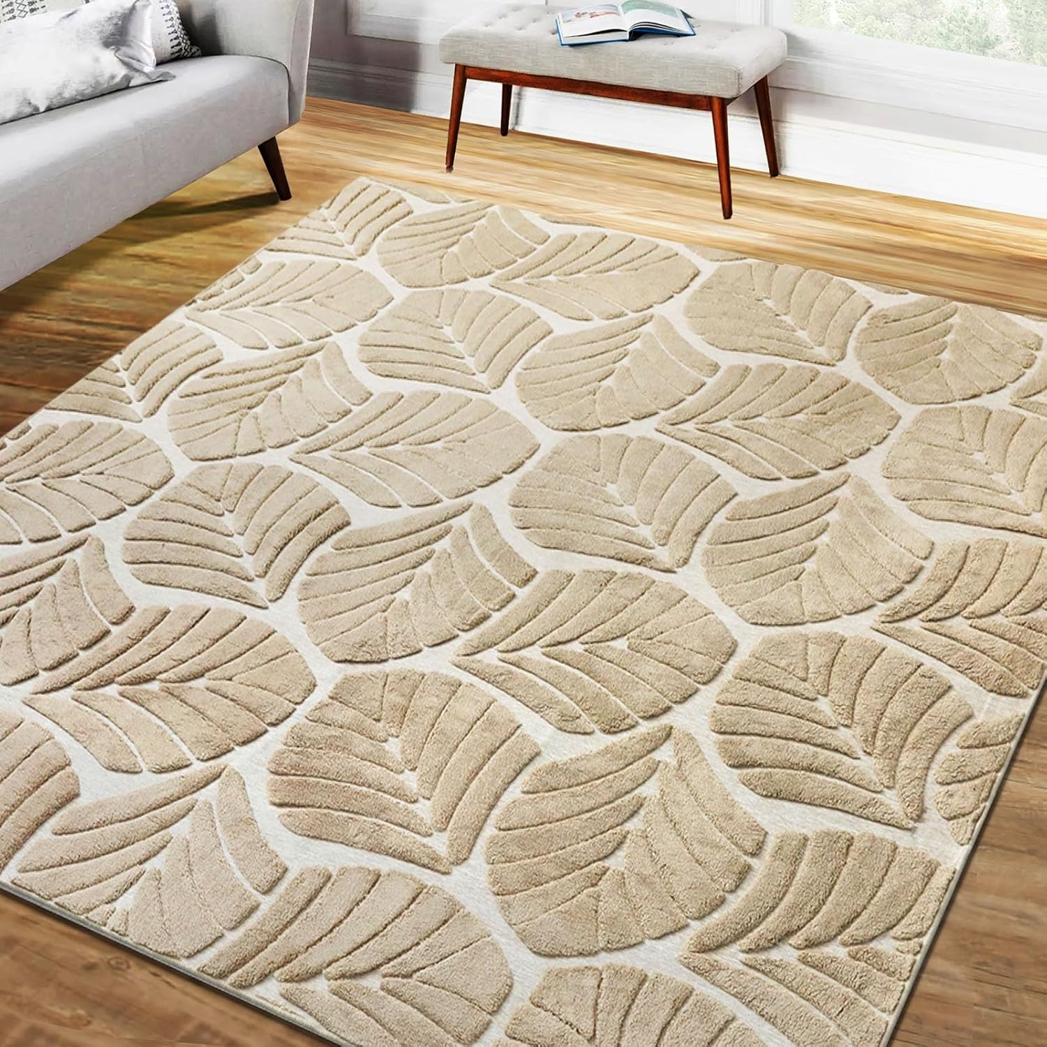 Marlow Area Rug 200 x 290cm with Non-Slip Backing Durable Floor Carpet Mat for Living Room Bedroom Home Decor Polyester Large Fluffy Shaggy Embossed Rug 10mm Pile Washable Carpet (Leaf Brown)