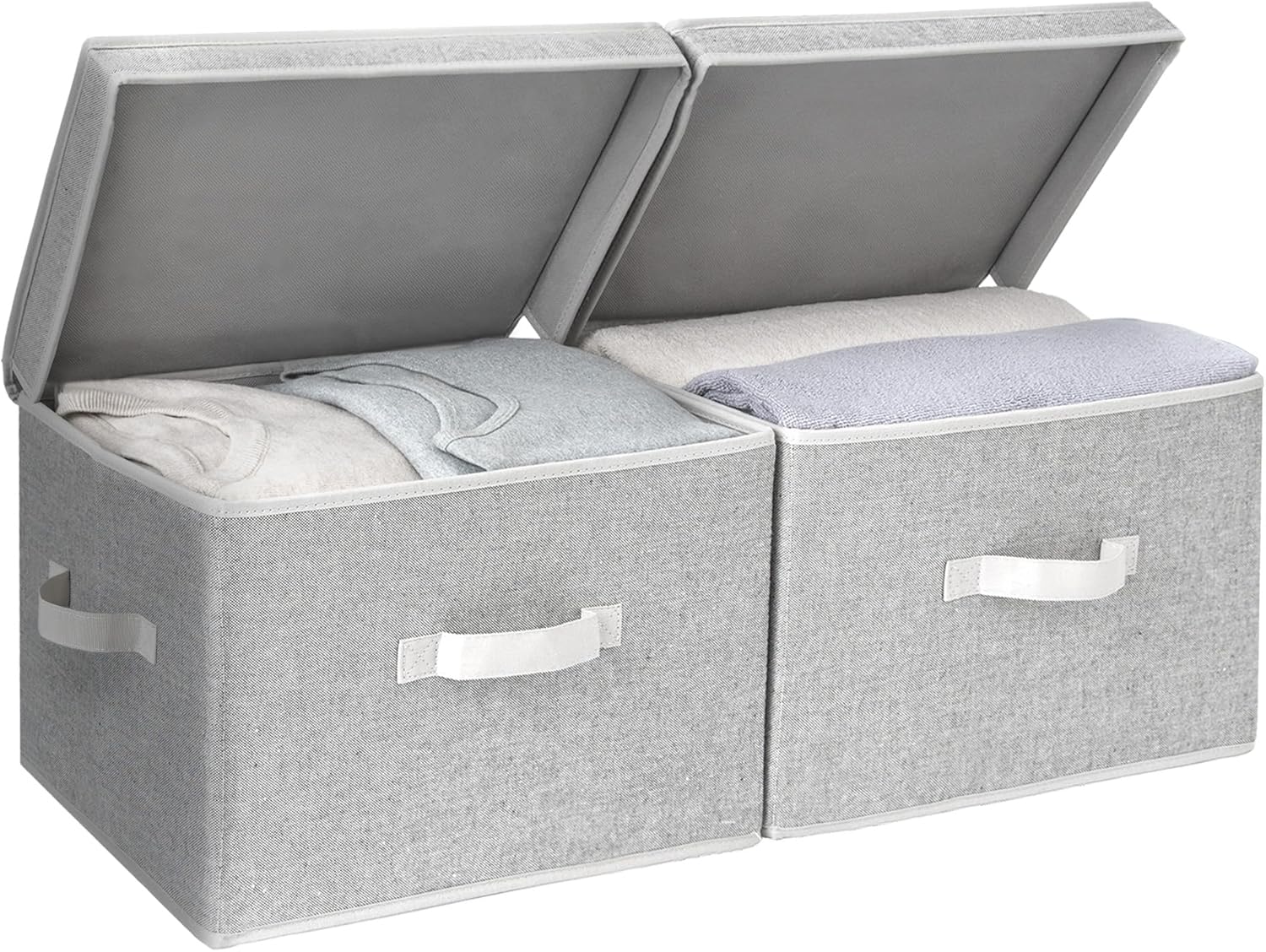 StorageWorks Storage Box with Lid, Decorative Fabric Storage Basket, Linen Storage Boxes for Shelves, Wardrobe, Closet Organizer Basket with Handles, Large, Grey, 2-Pack