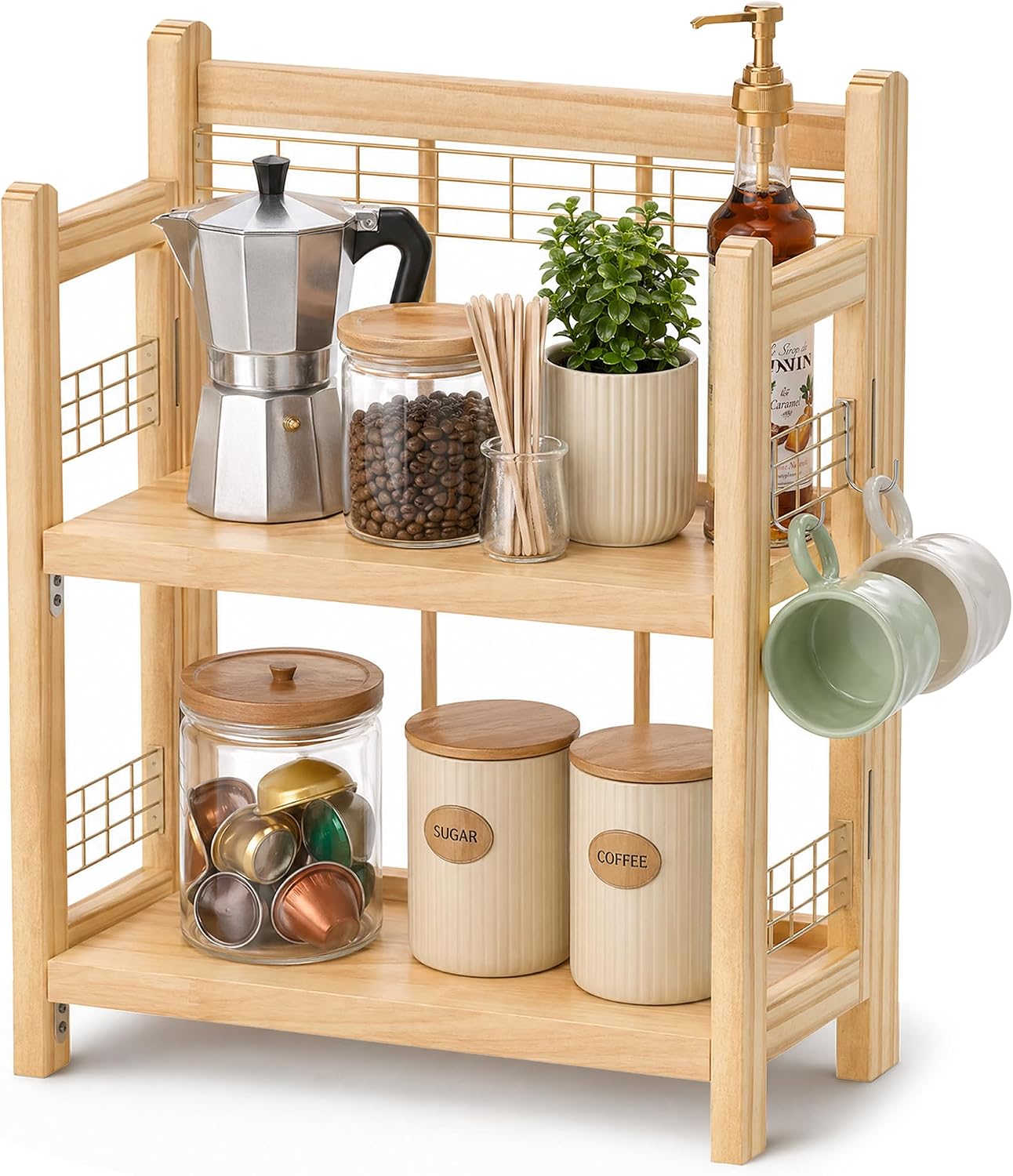 No-Assembly Coffee Bar Organizer, 2-Tier Coffee Station Shelf | Foldable Oak Wood Shelf, Coffee Station Accessories Storage for Syrup & Pod, 3 Hooks for Mugs, Kitchen Condiment Rack Natural