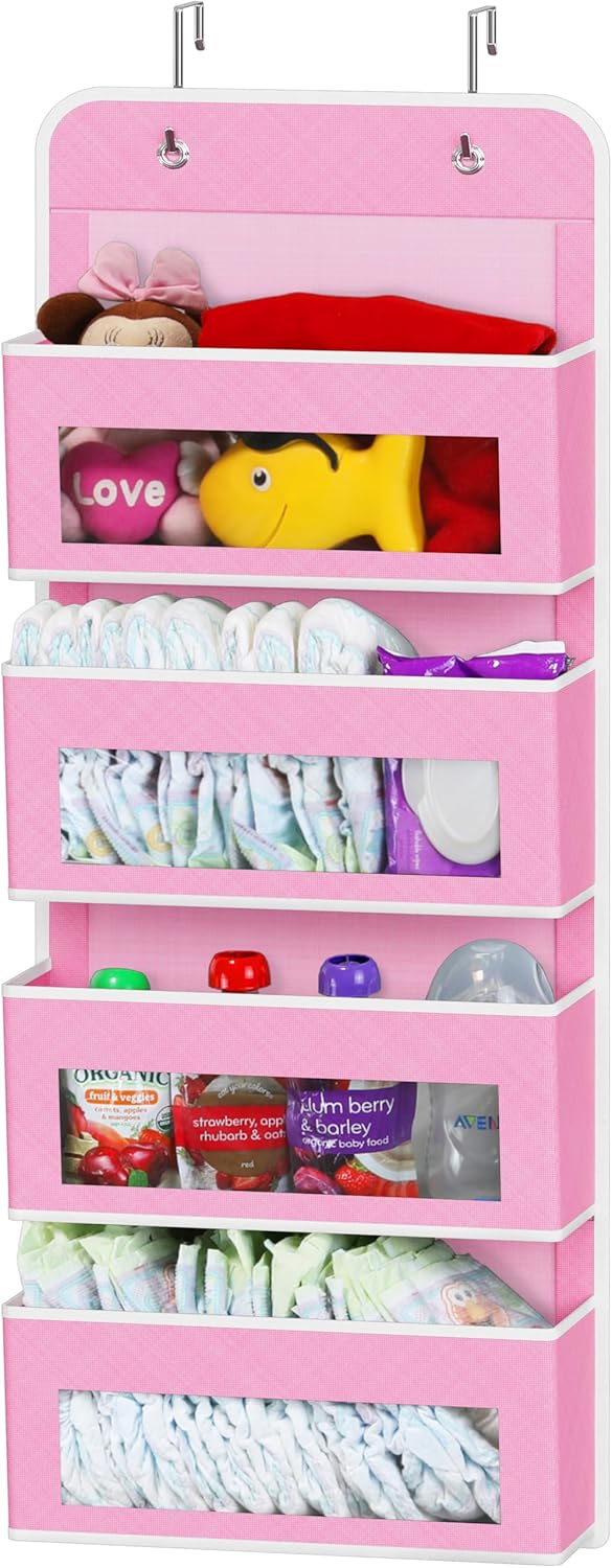 Simple Houseware 4 Pockets Over the Door Storage Hanging Organiser, Pink | 33cm W x 10cm D Pockets with Clear Window for Closet, Bedroom, Bathroom, Pantry