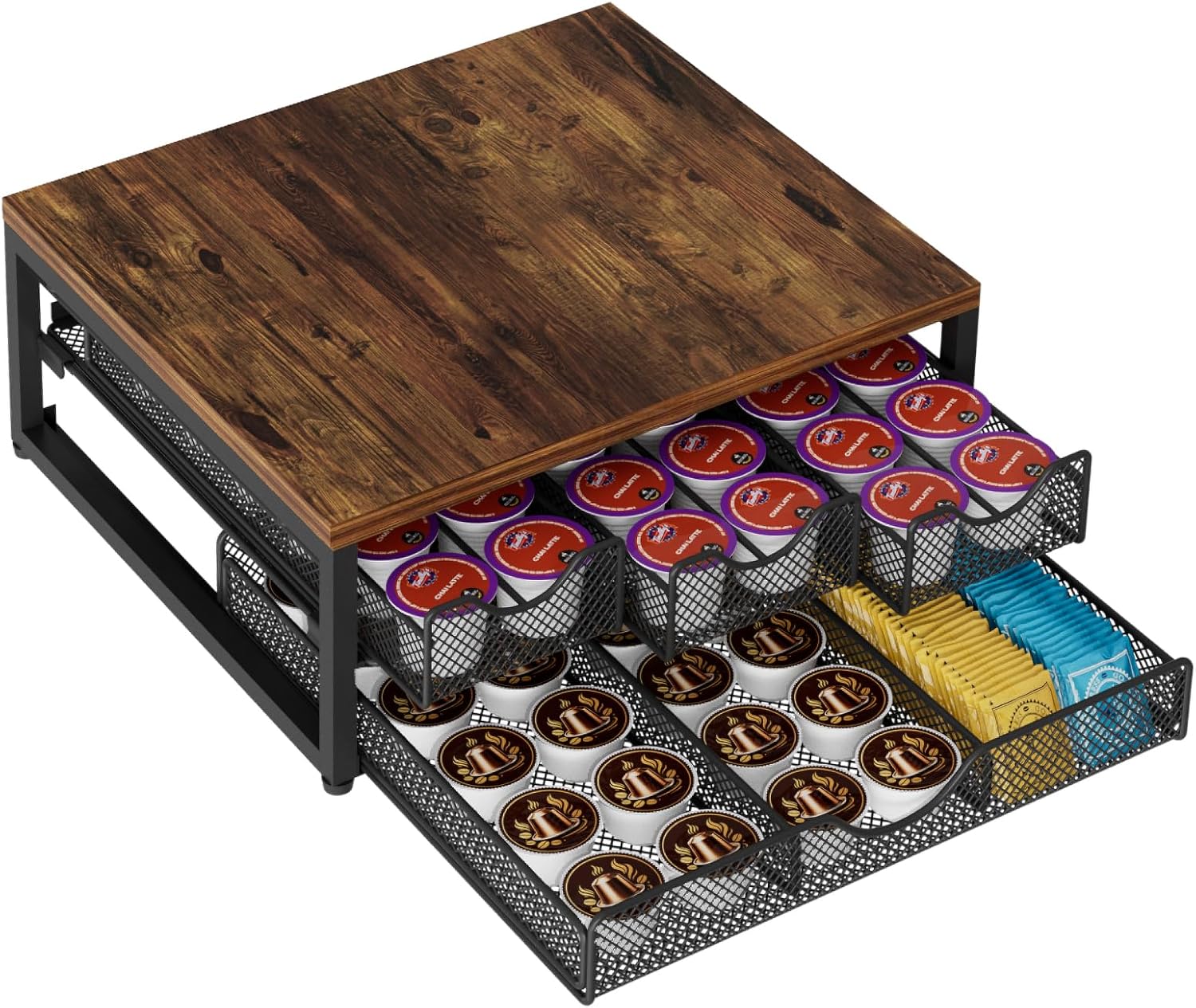 Coffee Pod Holder For Counter, 3 Pull-Out K-Cup Holder Drawer, Wooden Cafe Pods Storage Organizer with Sliding Drawers for Coffee Station, Home, Kitchen, Office, Dorm, Black (Antique colour)