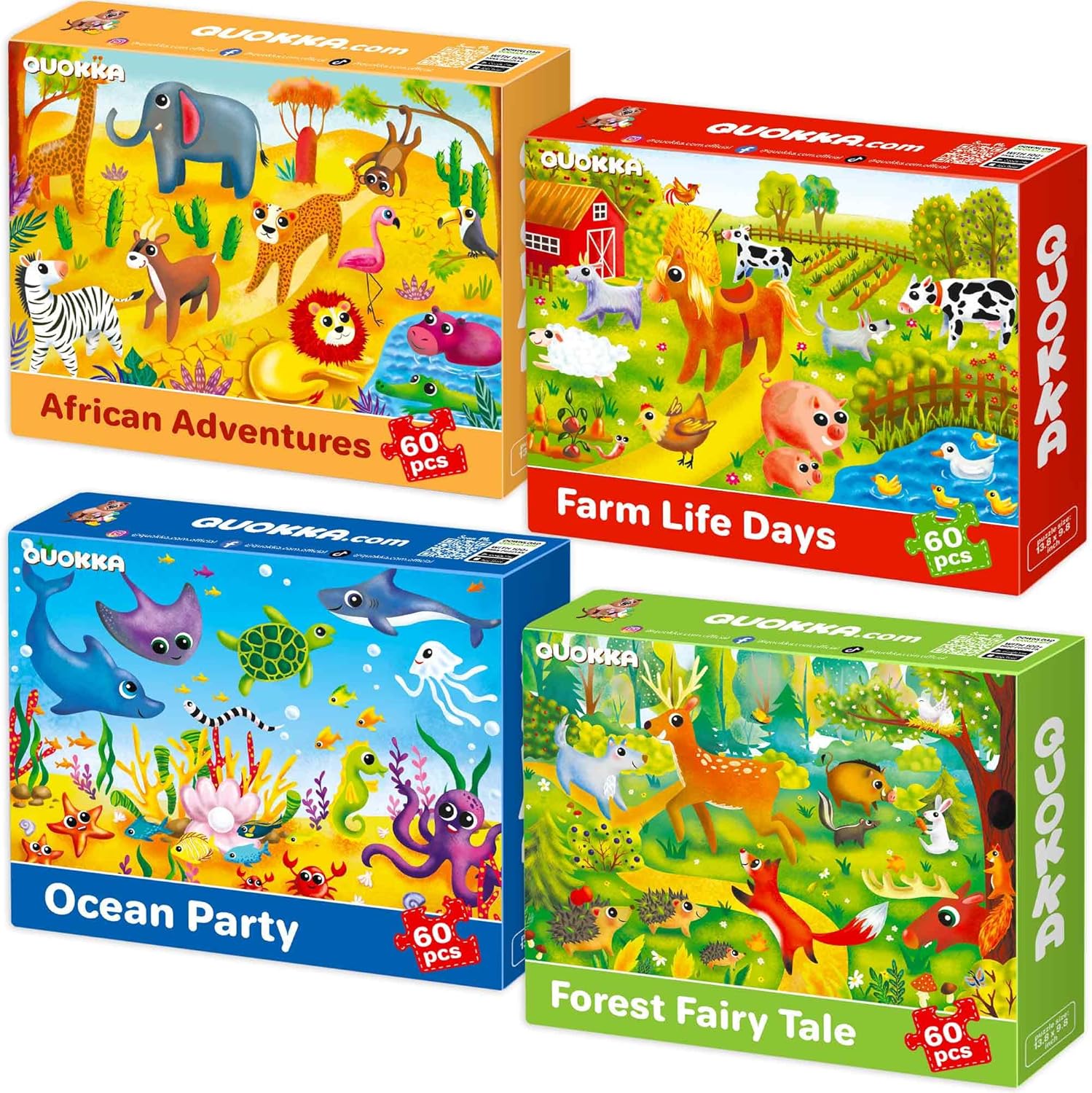 QUOKKA 60 Piece Puzzles for Kids Ages 3-5 - Set of 4 Jigsaw Toddler Puzzles for 6-8-10 Year Old - Africa Farm Ocean Forest Animals Toys for Children 5-7 yo - Gift Educational Game for Boys & Girls