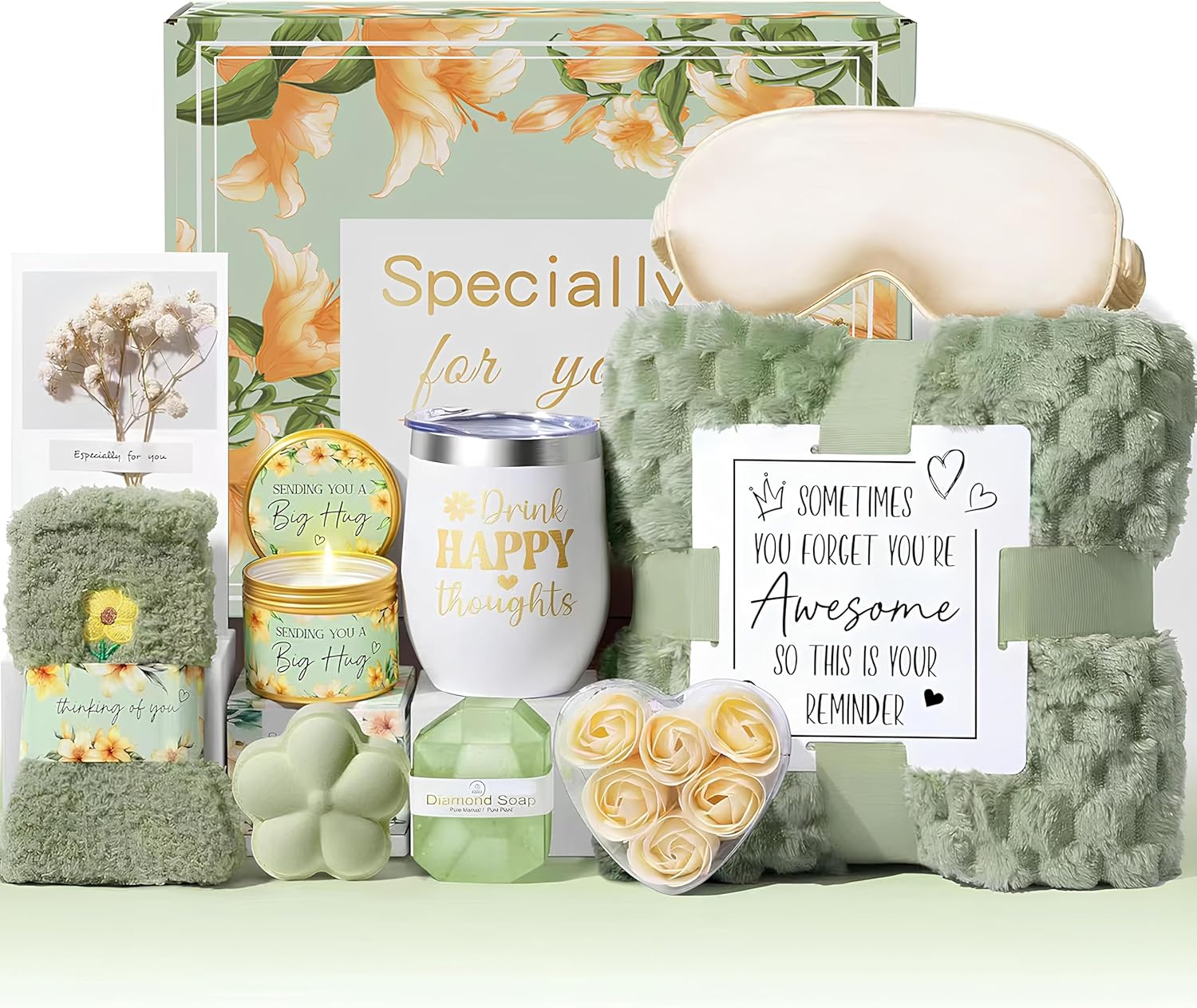 Spa Gift Set Women, Fuzzy Socks, Insulated Tumbler, Mint | Wellness care package for women includes fuzzy socks, 12oz stainless tumbler, bath bomb, handmade soap, and silk eye mask.