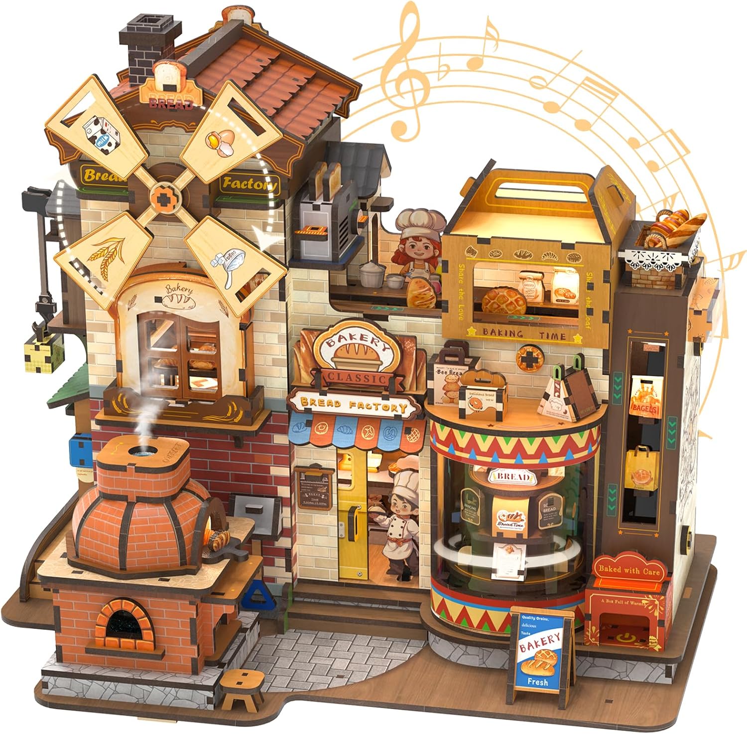 CUTEBEE 3D Wooden Puzzles for Adults - Bread Factory 576pcs Wooden DIY Building Kit Mechanical Model with Music and Lights, DIY Bakery Bookshelf Decor Craft Gifts