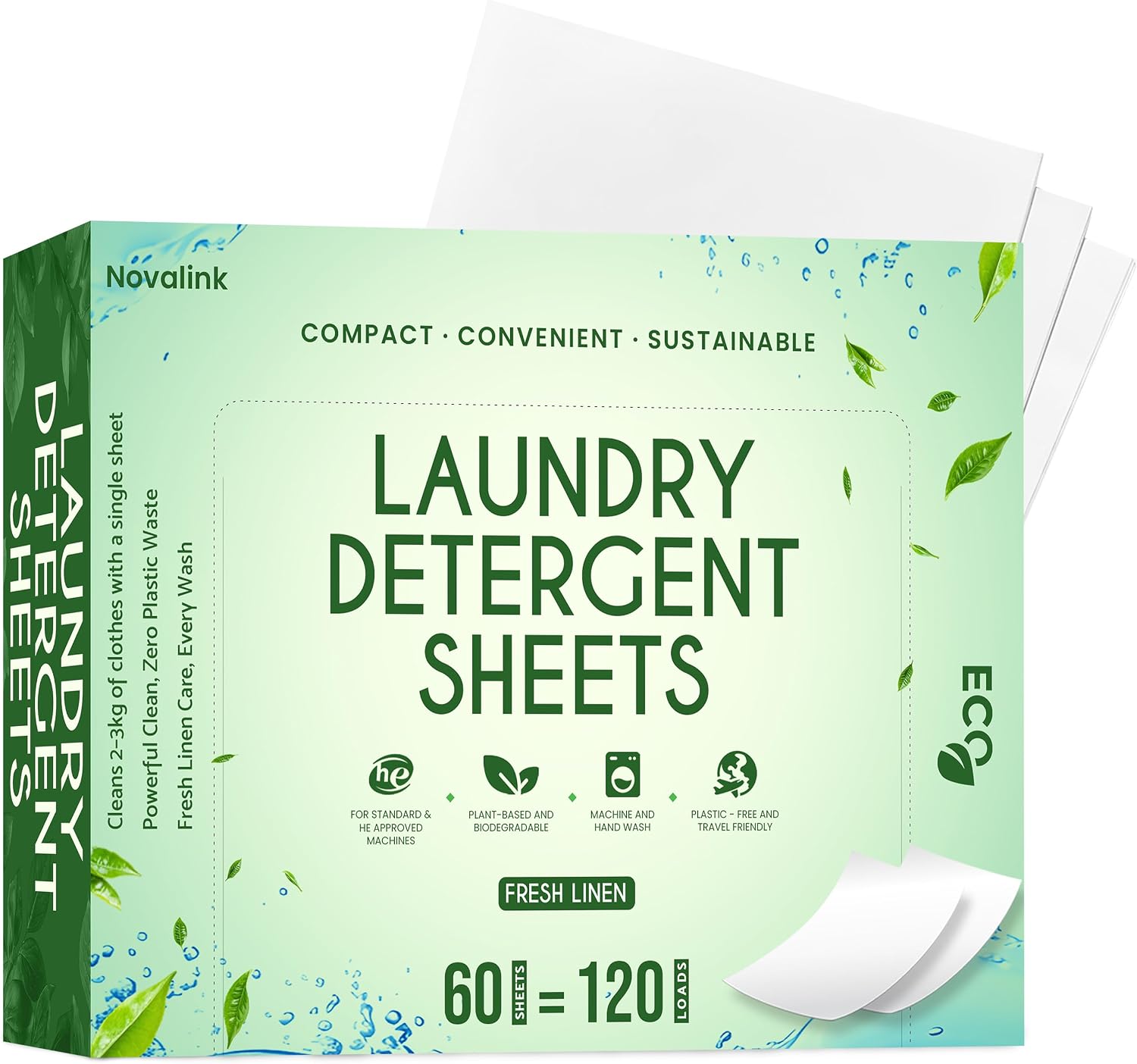 120 Loads Sensitive Laundry Detergent Sheets - Plastic-Free, Plant-Based & Biodegradable Laundry Sheets, Best Fresh Smell, Travel-Friendly for Hand & Machine Wash - Fresh Linen