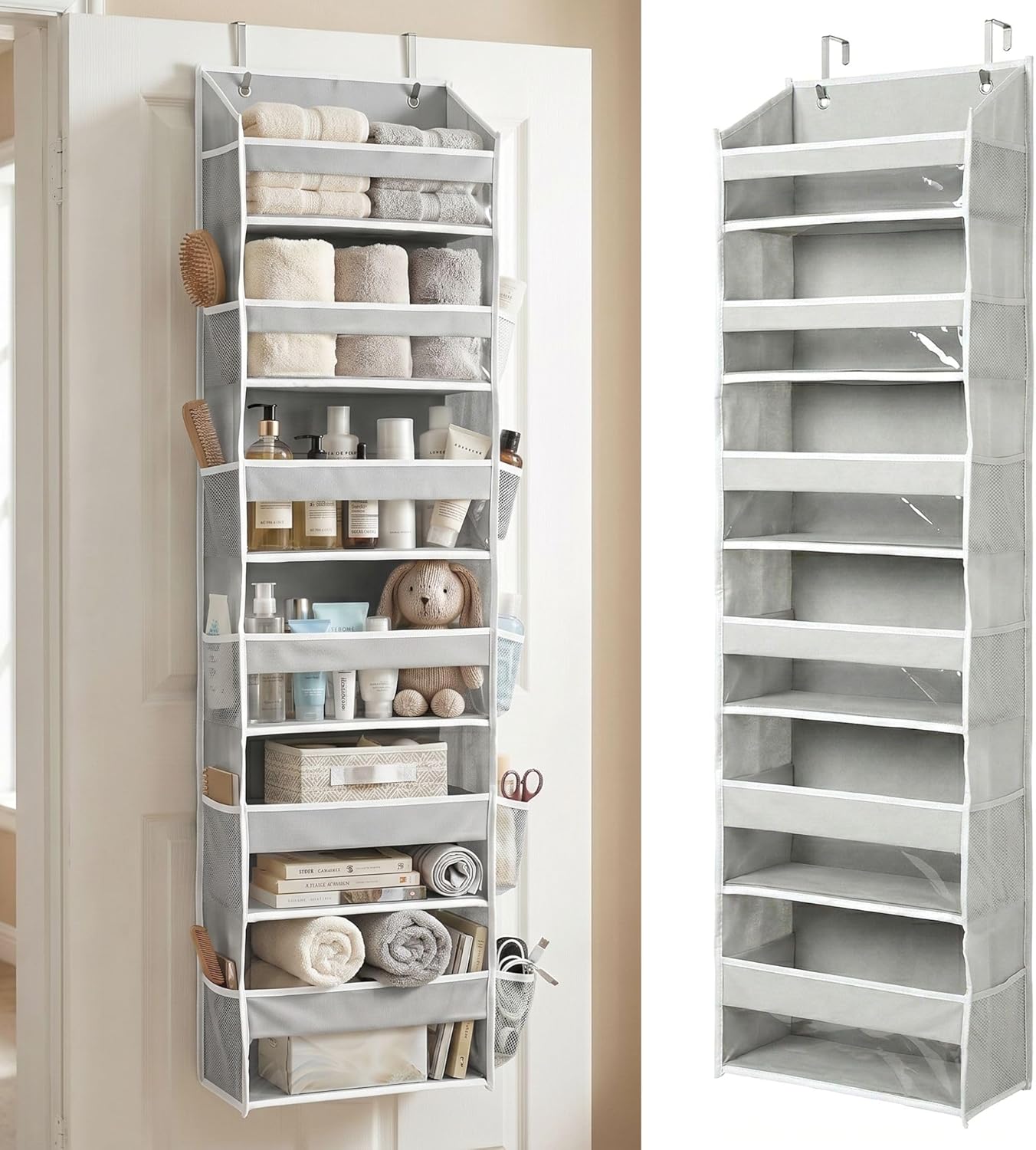 HOMELUX THEORY 1 PC Heavy Duty Over the Door Organizer 55x14x6.7, 6 Large Front & 12 Side Pockets, Hanging Storage Closet Door Organizer for Bedroom, Bathroom and Baby Nursery Storage (Light Gray)