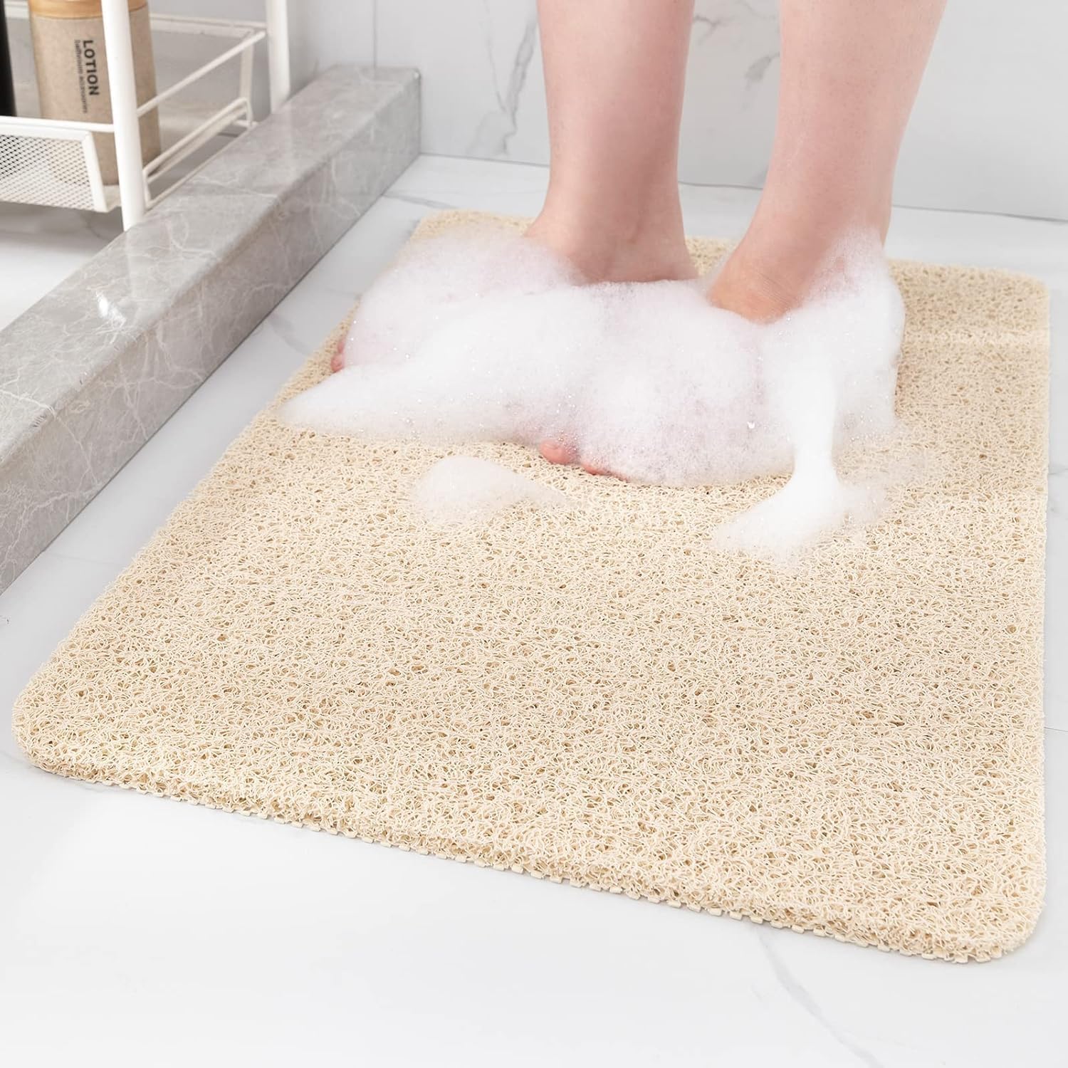 Shower Mat Non Slip, Anti Slip Bath Mat for Shower, Soft PVC Loofah Bathtub Mats with Drain Holes, Quick Drying Bathroom Stall Floor Mat, Bathroom Accessories Without Suction Cup (Beige, 60 x 80cm)