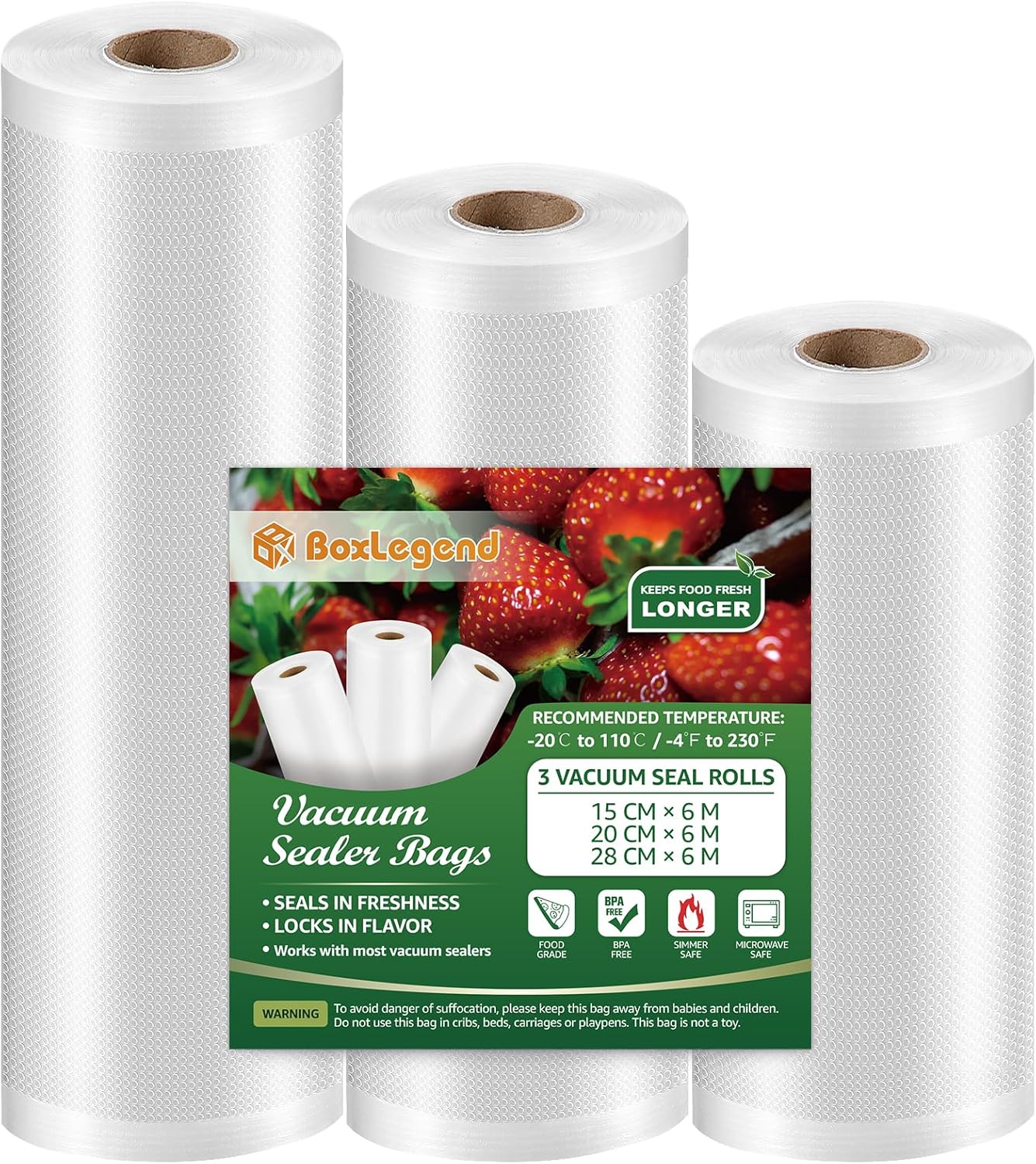 BoxLegend Vacuum Sealer Bags 3 Rolls 15/20/28 CM x 6M Vacuum Seal Bags for Food Saver, Commercial Grade, BPA Free, Heavy Duty, Great for Food Storage, Sous Vide, Meat Prep