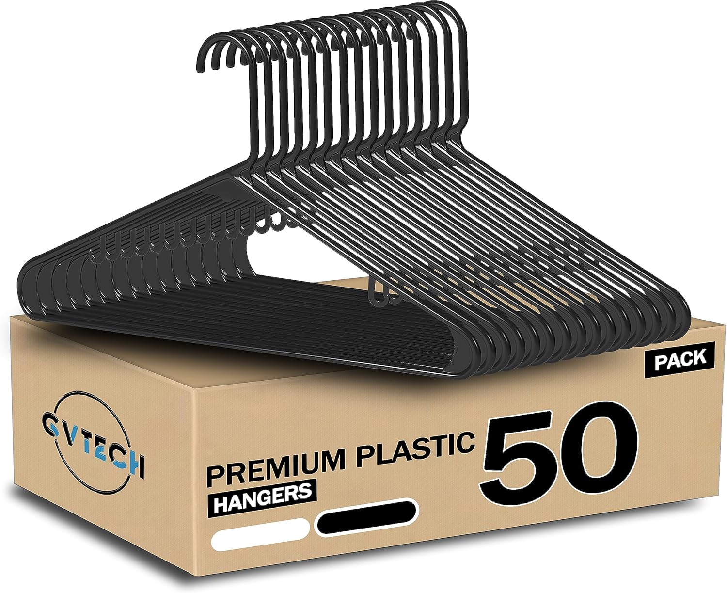 GVTECH Plastic Clothes Hangers - [50 Pack] Heavy Duty Durable Coat and Clothes Hangers with Hooks - Durable Lightweight Space Saving Laundry Hangers for Coats, Skirts, Pants, Dress (50 Pack, Black)