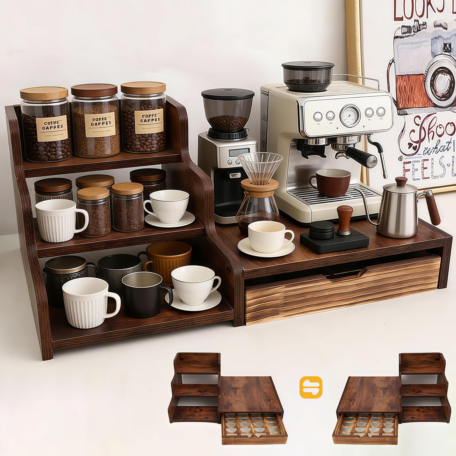 Coffee Station Organiser, 3-Tier Bar Stand with Drawer for 28 Coffee Pods, Side Shelf, Wood, 55.6x33cm (Brown B)