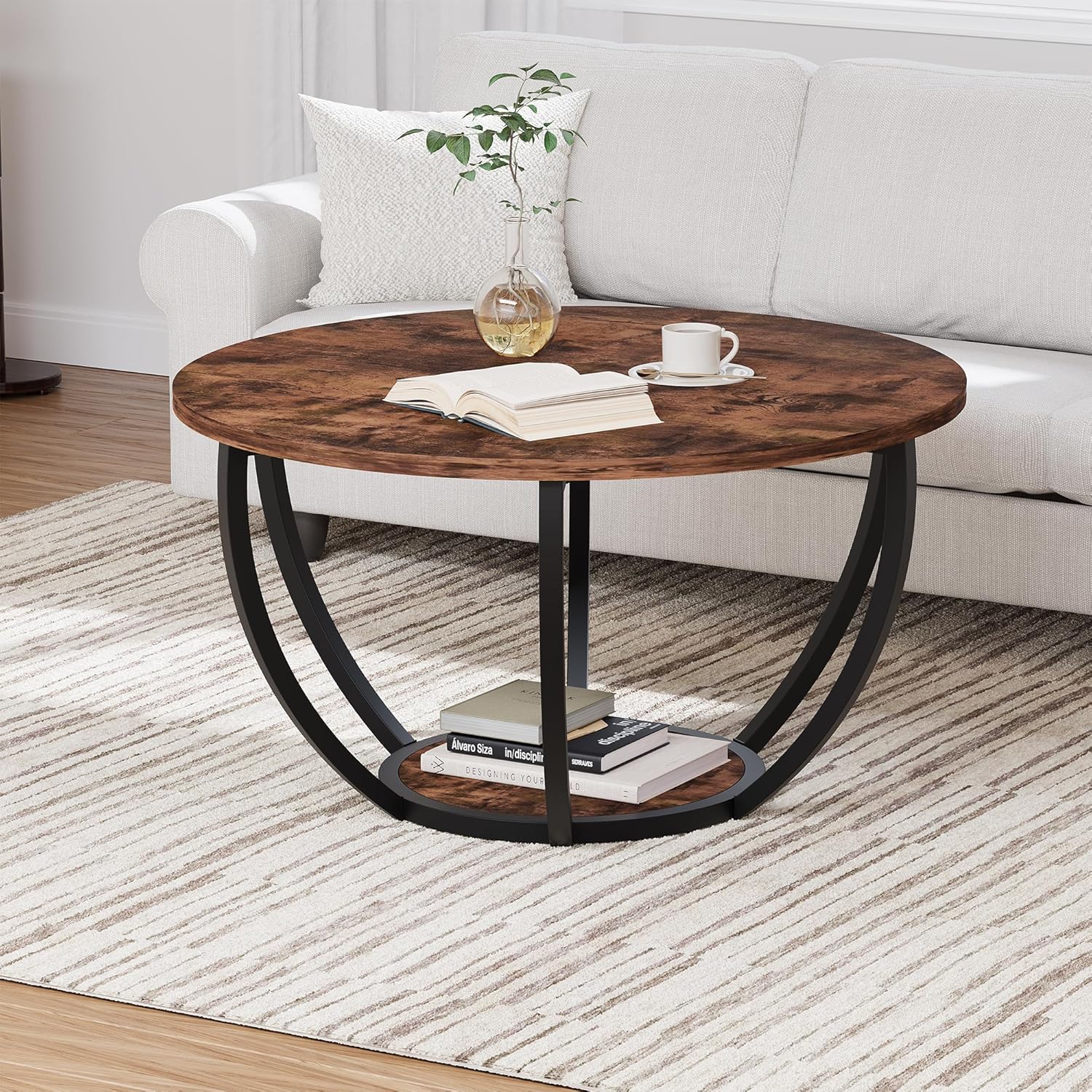 70cm Round Coffee Table for Living Room,Small Coffee Tables,Brown | Wooden 2-Tier Circle Coffee Tables with Storage Shelves,Accent Center Table,Sofa Table for Home Office,Heavy Duty,Brown