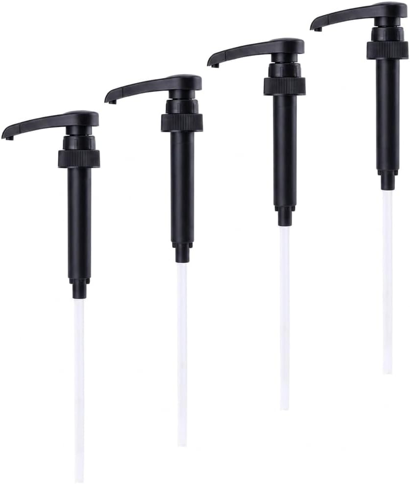 4 Pack Universal Coffee Syrup Pump Dispensers, 750ml (25.4 Oz) Replacement Bottle Pumps, Compatible with Torani, Matteo's, Davinci & Jordan's Skinny Syrups, Bar Coffee Station Accessories, Black