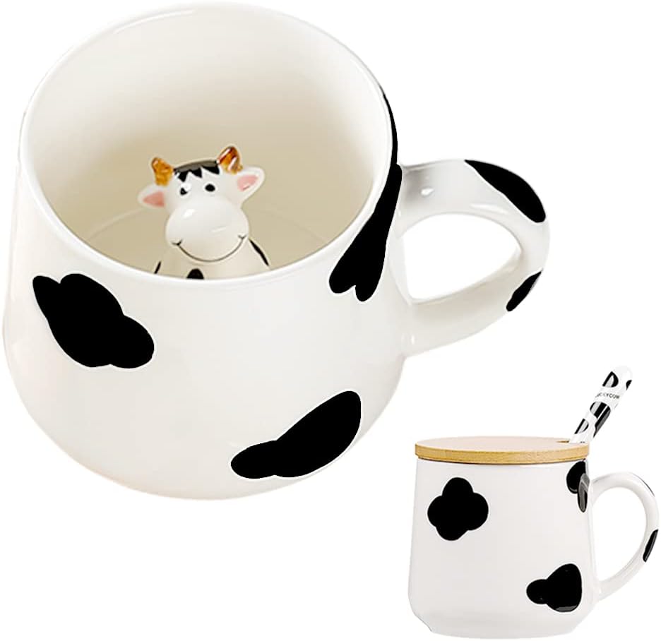 Gifts for Women Cute Cow Coffee Mug Tea Cup with Spoon Lid,Kawaii Stuff Funny Cool Mugs Valentine's Mother's Day Halloween Xmas Gifts for Wife Mum Grandma Boyfriend Girl Teacher Friend,Birthday