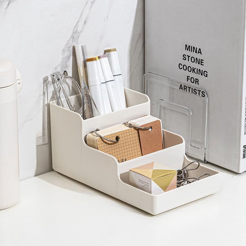 Desk Pencil Holder, Multi-Functional Pencil Pen Holder for Desk, Desk Organizers and Storage with 4 Compartments, Desktop Organizer for Office Home Art Supplies (White)