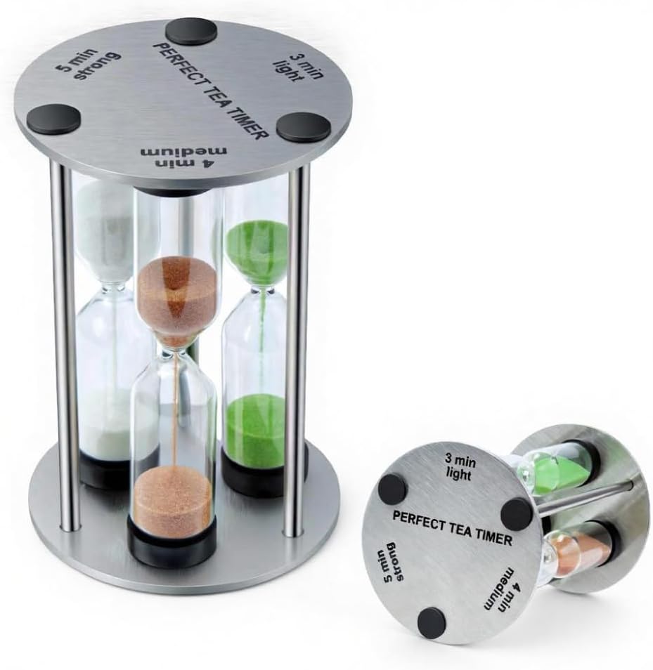 Lily's Home 3.5" Tall 3-in-1 Perfect Tea Timer, Includes 3, 4, and 5 Minute Sand Hourglass Timers, Use for Making Tea or Keeping Time Around The Kitchen, Brushed Stainless Steel Frame, Cylindrical