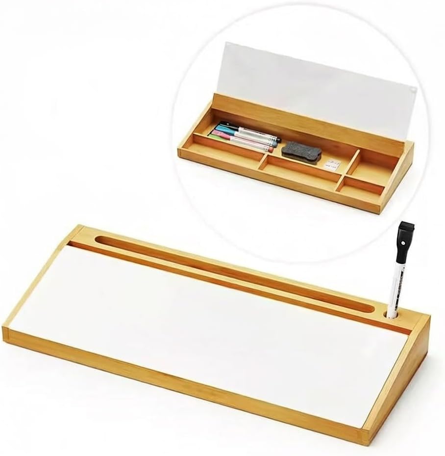 Bamboo Desk Organizer with Whiteboard, Desktop To-Do List Board with Pen Holder, Multi-Compartment Office Storage Tray with Dry Erase Surface for Home, Office, School