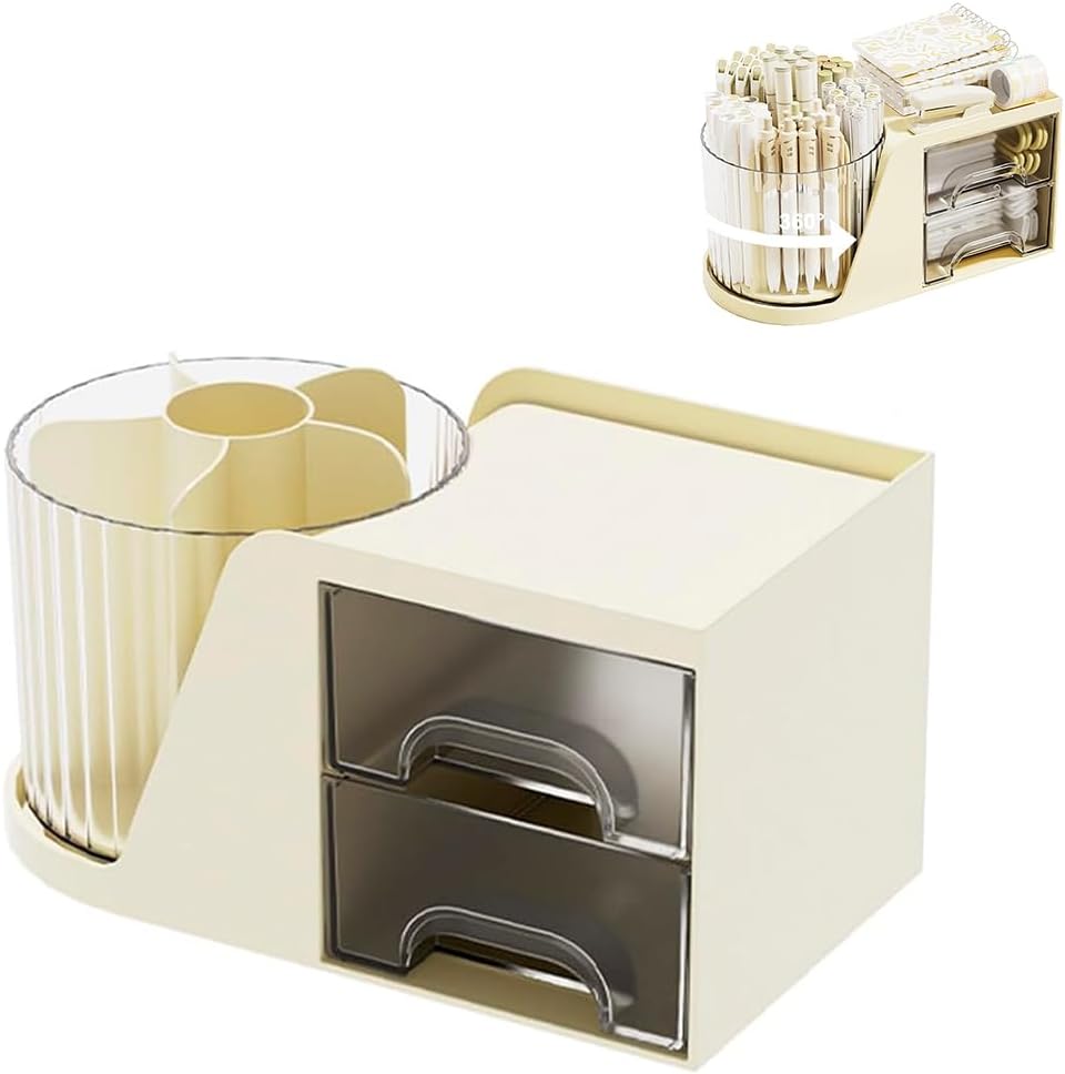 360° Rotating Desk Organizer, Art Supplies Organizer | Desktop Pen Holder with 2 Drawers, 5-Compartment Stationery Organiser for Office, School & Home, Beige