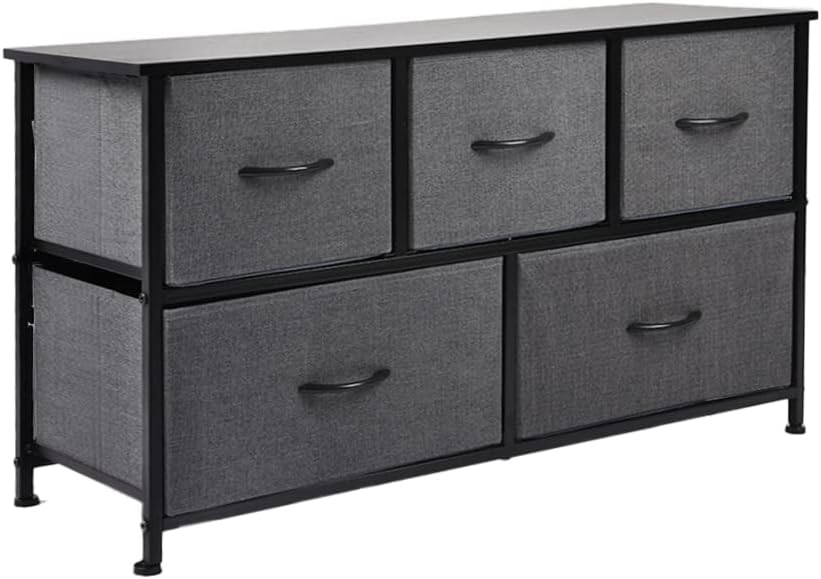 LEVEDE Tower Chest of 5 Drawers, Tallboy Storage Cabinet, Fabric Tower Dresser Organizer, Clothes Toys Storage Unit, Home Furniture for Bedroom, Living Room, Hallway, Office (Dark Grey)