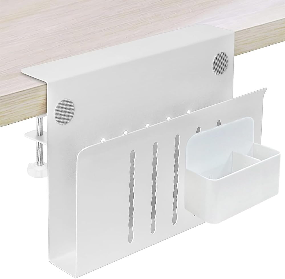 No-Drill Under Desk Laptop & Cable Organizer, Laptop Holder, Clamp-On Side Storage Tray with Pen Holder, Metal Hanging Shelf for Office & Home Workstations (White)