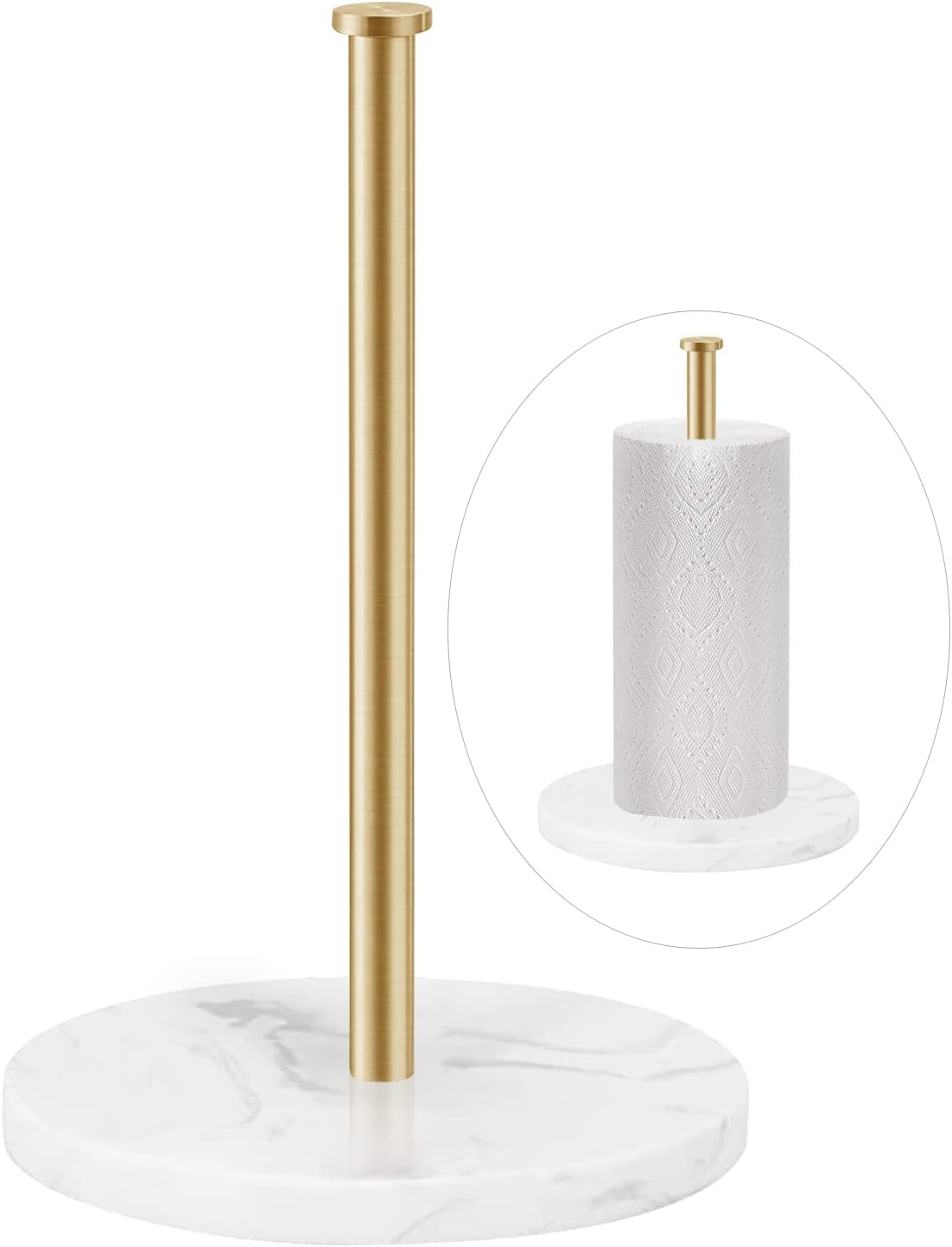 Kitchen Paper Towel Holder, Gold Color Paper Towel Holder Stand with Heavy Stable White Marble Base, Kitchen Paper Roll Holder for Countertop