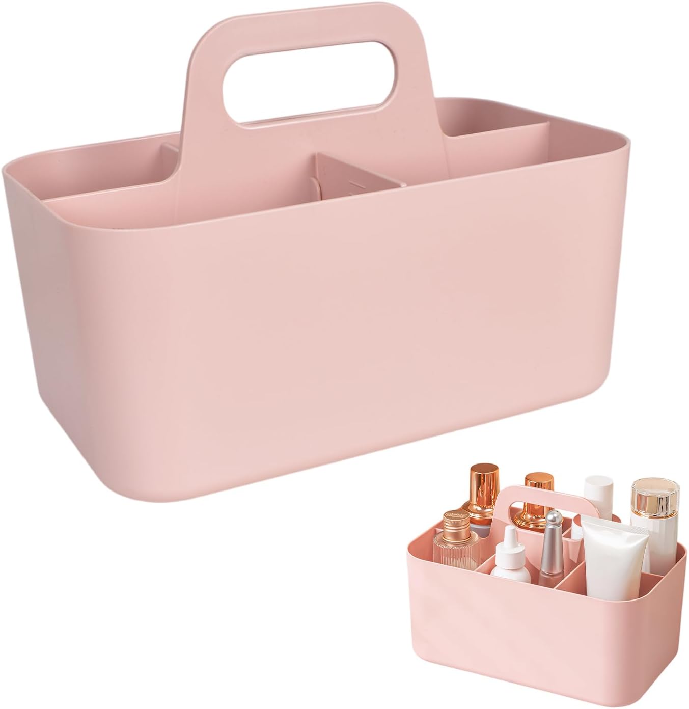 Plastic Portable Storage Organizer Caddy, 5-Compartment Box, Storage Baskets with Handles for Shelves, Office, Bathroom and Desk (24 × 15 × 11 cm) (Pink)