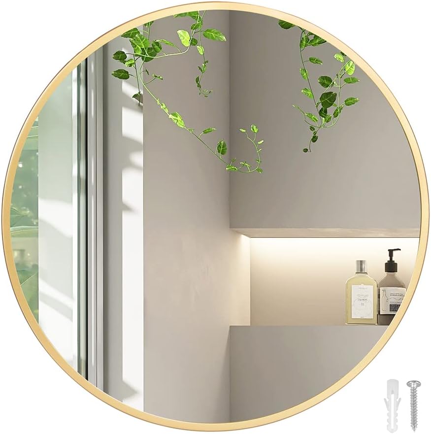 Yezi Home Round Wall Mirror Vanity Bedroom Hanging Decor for Bathroom Makeup Shower Room Gold Metal Framed 70CM Dia