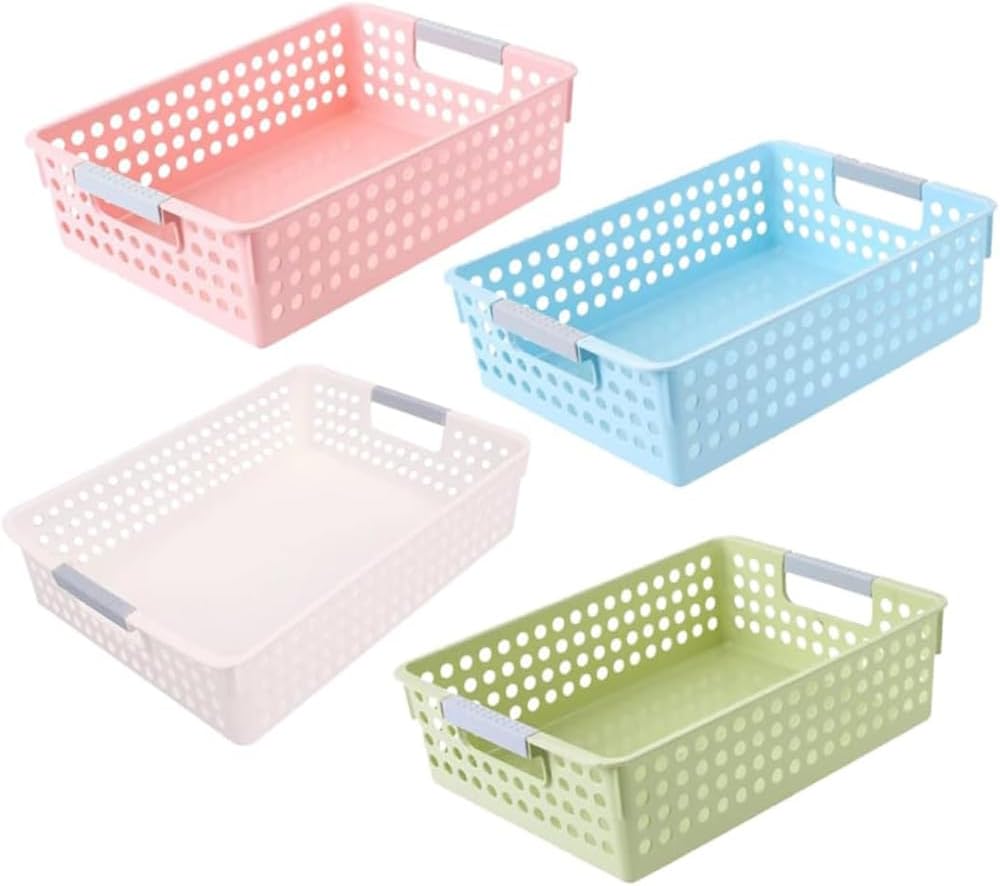JIUSEGE 4-Pack Plastic Storage Baskets – Stackable File & Paper Organizer Trays, Colorful Storage Bins for Classroom, Office, Arts, Crafts, Desk, and Shelf Organization (35×25.5×8.5cm)