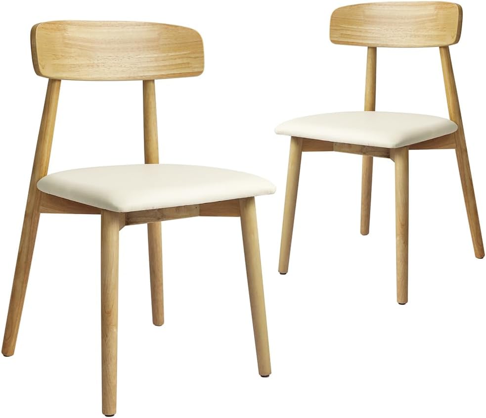 Levede Stylish Retro Dining Chair: Set of 2 Dining Chairs with Curved Backrest, Crafted from Rubberwood Frame and Upholstered in PU Leather Seat, Natural Color