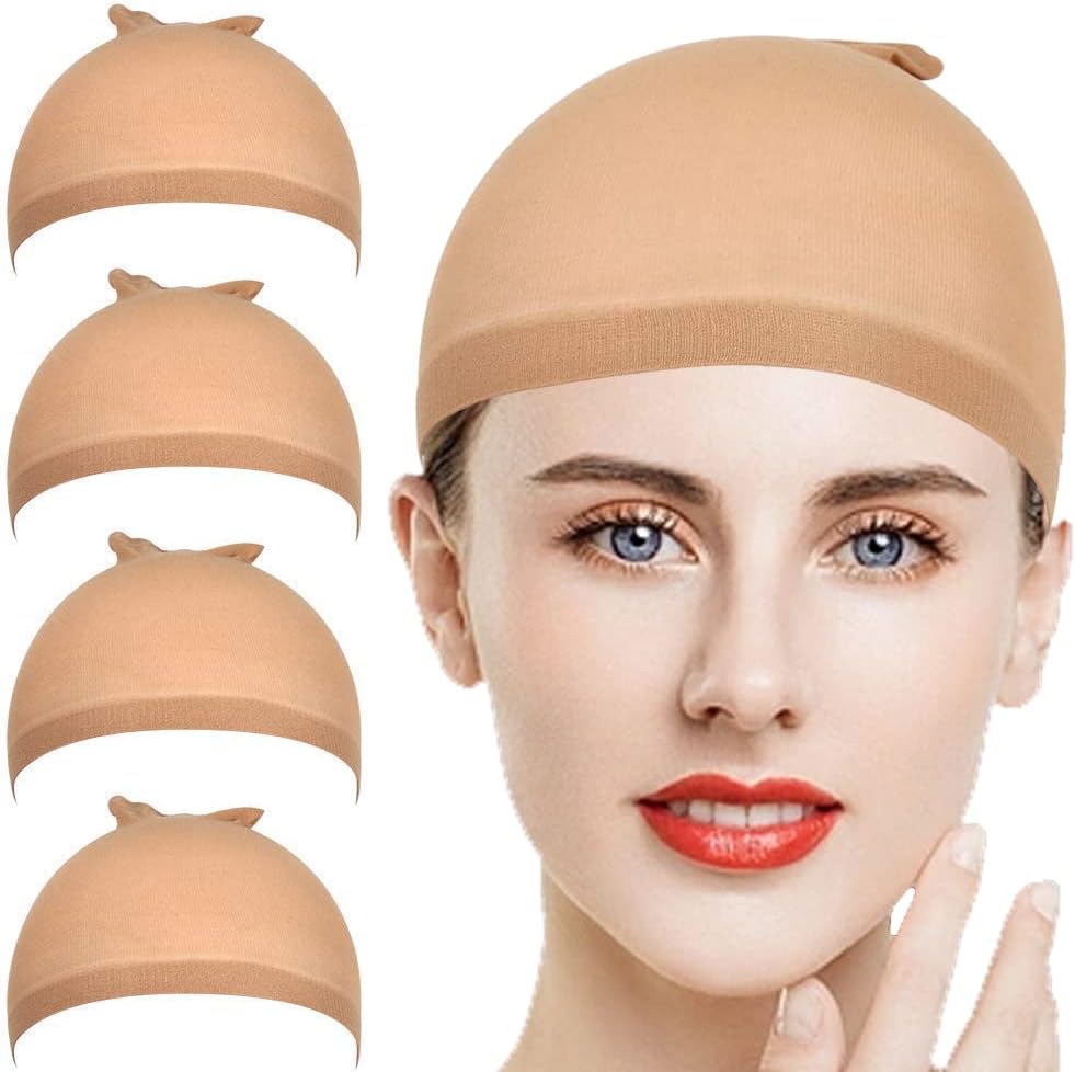 4 Pack Nylon Wig Caps, Light Brown, Stretchy Hair Nets | Soft Lightweight Hair Nets, Ultra-thin Nylon and Wide Elastic Band for Cosplay Costumes Daily Styling, Fits Most Head Shape