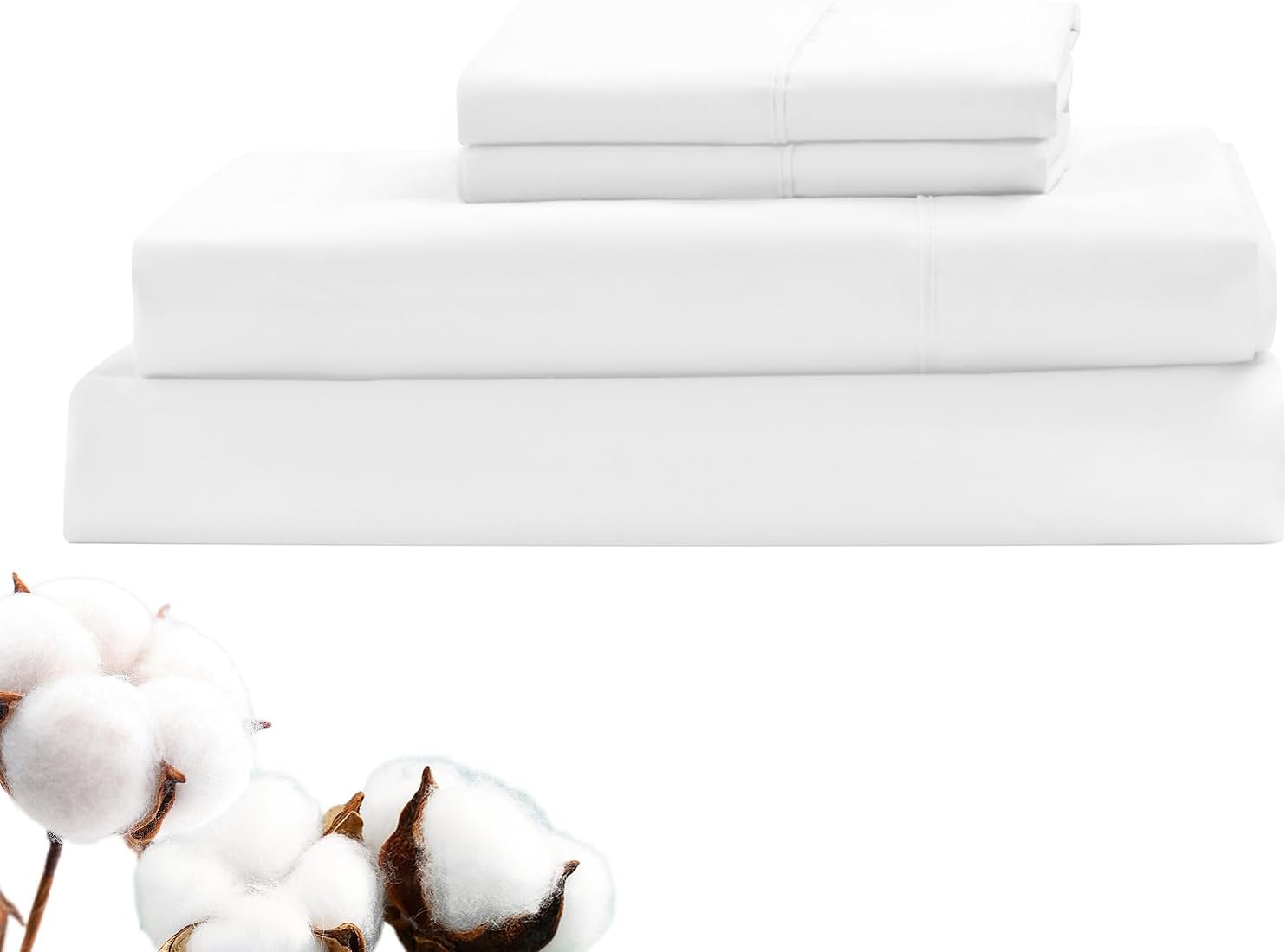 LINENOVA Luxury 100% Cotton Bed Sheet Set King Single 3 Piece, White | Flat Sheet, Fitted Sheet & 1 Pillowcase, Silky Sateen Weave, Breathable & Absorbent, Soft & Skin-Friendly, 40cm Deep Pocket