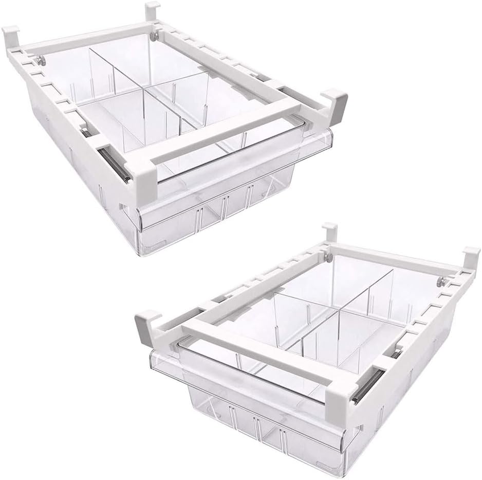 JIUSEGE 2 Pack Egg Holder Drawer, Refrigerator Organizer with Dividers | Transparent Design, Adjustable Dividers, Under Shelf Storage for Eggs, Fruits and Vegetables, Space-Saving Fridge Organizer