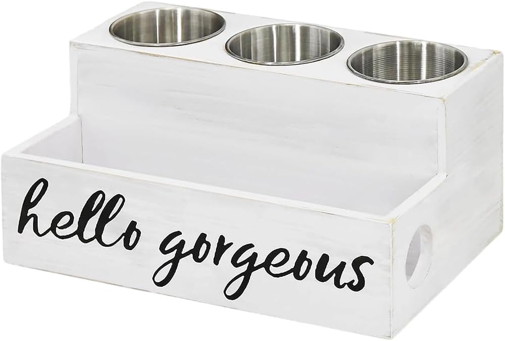 Wooden Hair Tool Organizer, Hair Dryer Holder, Vanity Storage Organizer with Compartments, Countertop Vanity Caddy for Curling Irons, Flat Irons & Cosmetics (White)