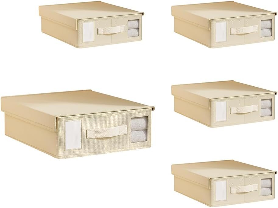 5 Packs Bed Sheet Organizers Storage, Bedsheet Set Closet Box with Clear Window, Bedding Organizer Storage Cube Box Bedsheet Organizing Keeper Container for Bedsheets, Duvet Covers, Beige