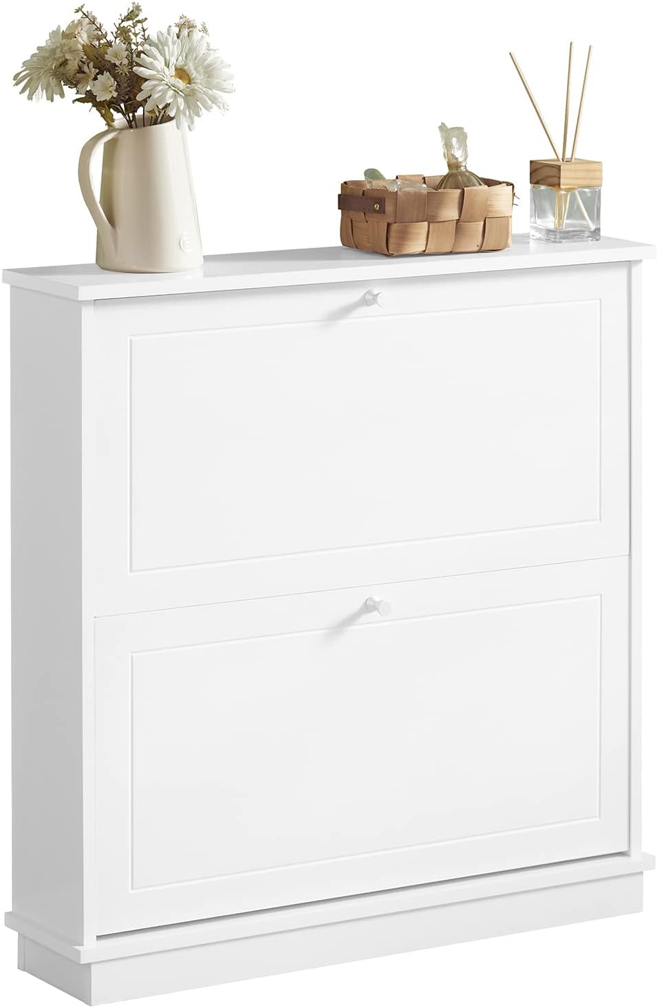 SoBuy Shoe Cabinet with 2 Flip Drawers 76x19x78 cm for Narrow Space | White Slim Shoe Storage Cabinet Metal Knobs Recessed Base Narrow Hallway Entryway Shoe Rack FSR99-W