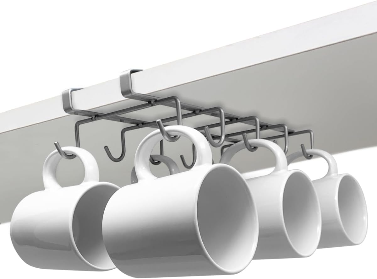 Joeji's Kitchen Mug Holder & Cupboard Organiser | Silver Kitchen Cupboard Storage Organiser ideal as Cup Holder or Mug Rack | Iron Wire Cupboard Shelf Organiser with Mug Hooks under Shelf