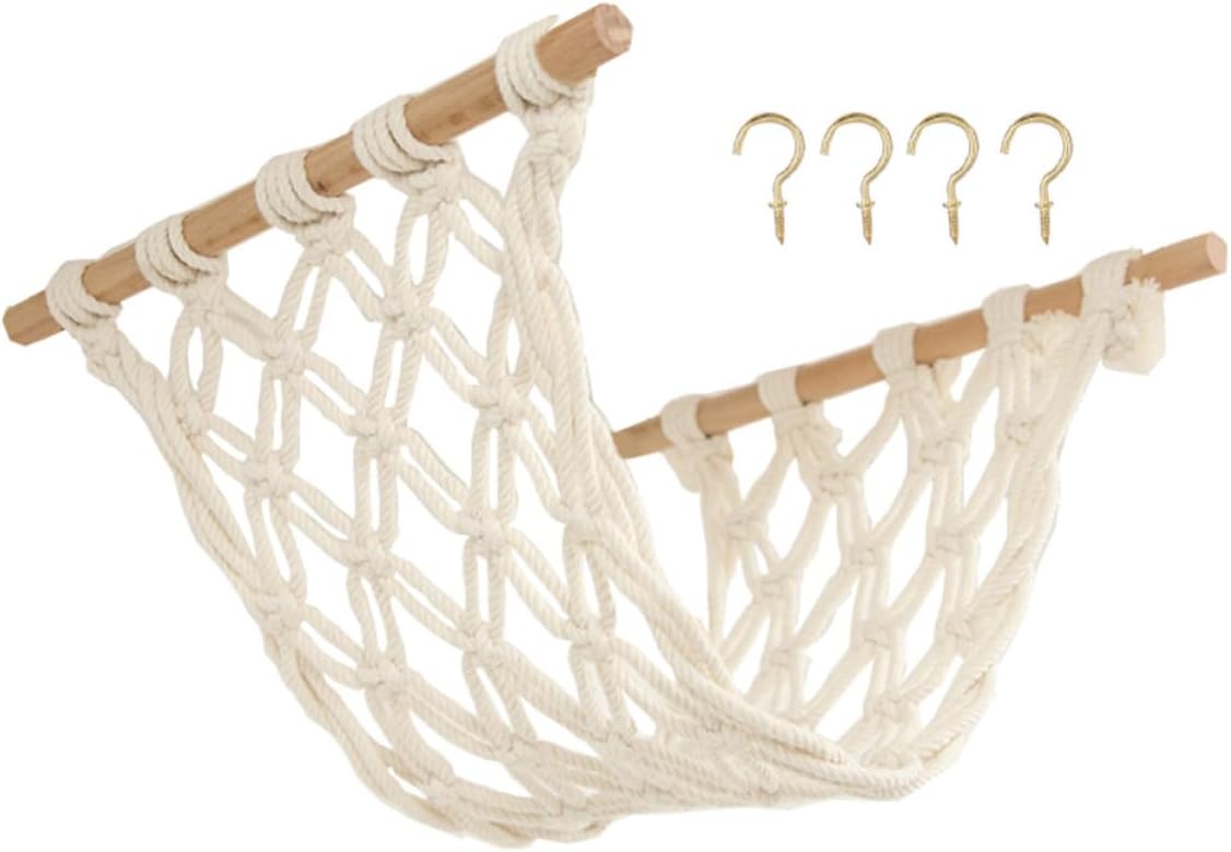 Vegetable Hammock Handwoven with Cotton Rope and Beech Wood Macrame Hanging Basket for Fresh Air Circulation Under Kitchen Cabinet Storage