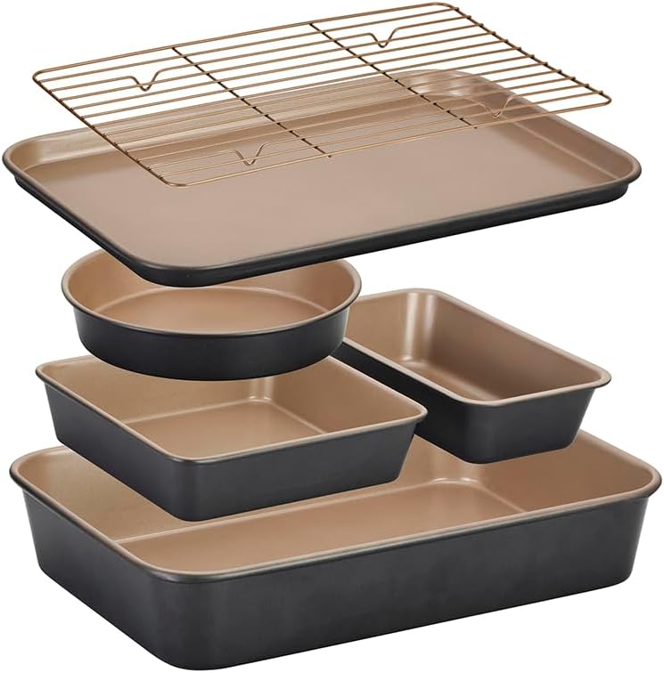 Stanley Rogers Ceramabake® Cleverstack® 6 Piece Bakeware Set | PFAS Free Ceramic Non-Stick Baking Pans with Tray, Roasting Pan and Cooling Rack, Stackable Storage, Oven Safe 240°C