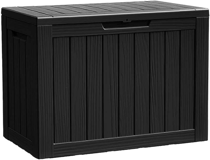Garden Storage Box 170L, Outdoor Storage Box with Lockable Lid & Wood Grain Design, Water-Resistant Deck Box for Tools, Cushions, Multi-Use as Patio Bench or Seat, Easy Assembly Black