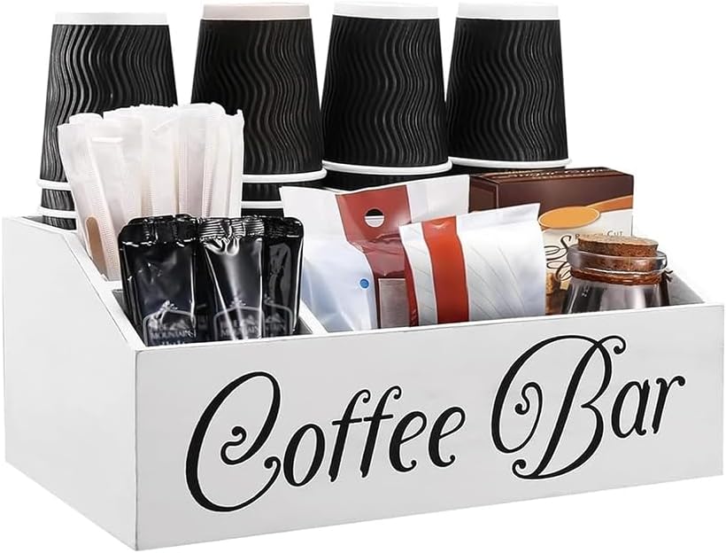 JIUSEGE Coffee Station Organizer – Wooden Countertop Coffee Bar Caddy with Removable Dividers for K-Cups, Tea Bags, Syrups, Condiments & Accessories, White