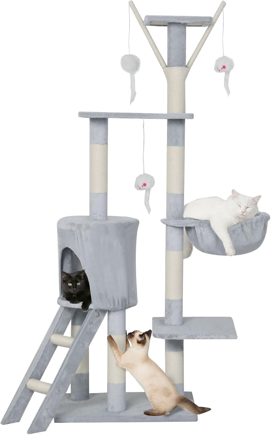 Pawz Cat Tree, 143cm Cat Scratching Post and Pads, Multi-Level Play Tower, Cat Condo with Padded Plush, Cat Tower with Hammock for Large Cats, Cat Activity Center, Home Pet Furniture Grey