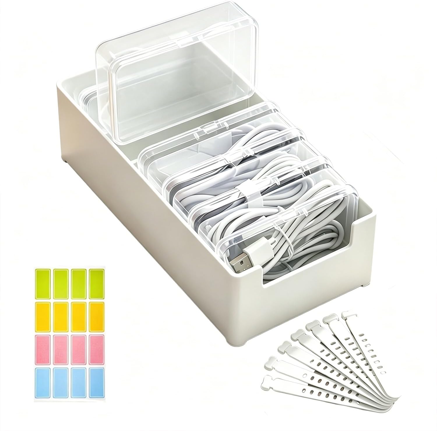 7-Grid Cable Organizer Storage Box, Clear Plastic Cord Management Box with 7 Mini Cases, Cable Ties & Labels - Desk Drawer Organizer for USB Cables, Charging Cords, Earphones, Home Office & Travel