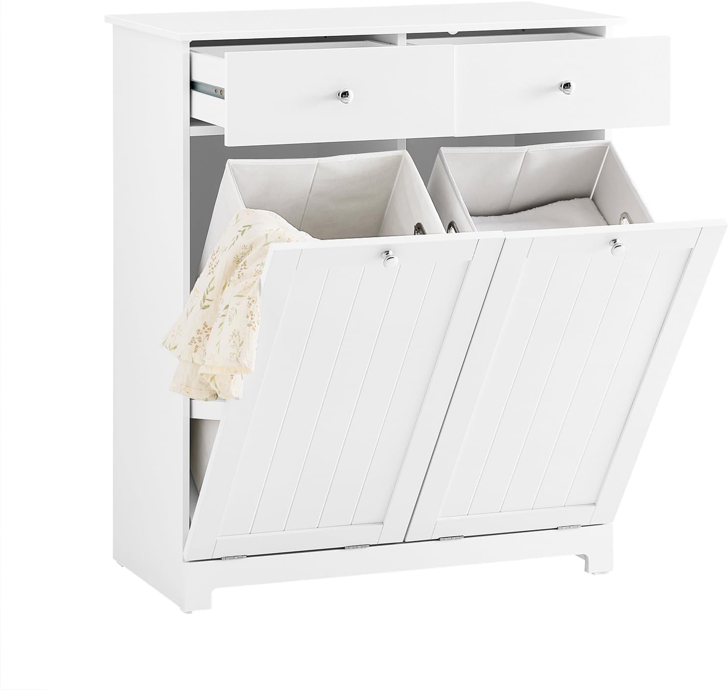 SoBuy Large Bathroom Storage Cabinet with 2 Laundry Hampers 78x38x90cm | Tilt-Out Double Hamper Unit With 2 Drawers & 2 45l Removable Baskets For Laundry Room White, BZR33-W