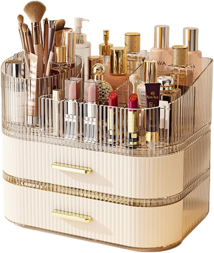 3-layer Rotating Cosmetic Organizer, Makeup Storage Box | Large Cosmetic Storage Box with Drawers, Makeup Organizer for Vanity, Bathroom, Skincare, Jewellery & Lipsticks